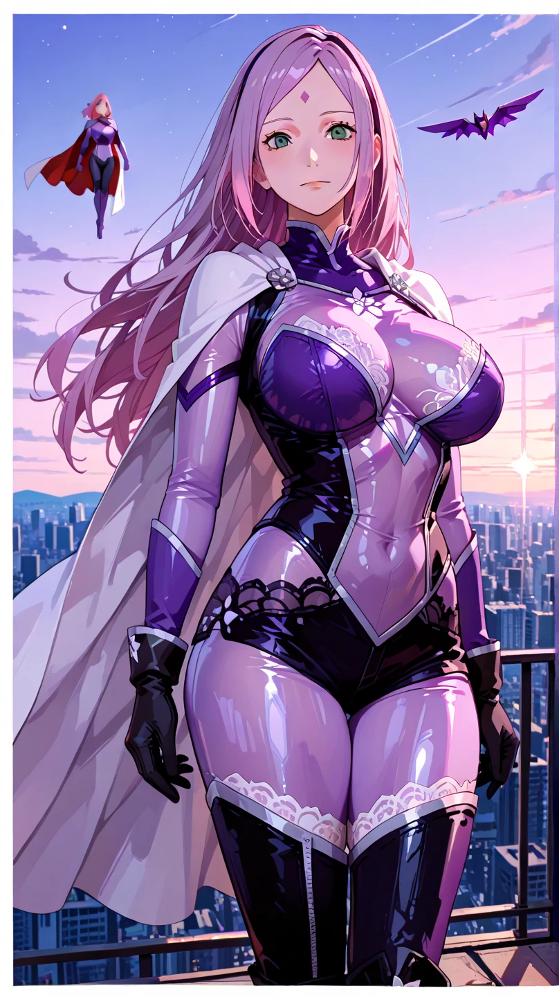 (high quality:1.1), intricate details, soft lighting, official art, anime style, vibrant image,
(Ingrid:1.1), dark-skinned female, (hand on own face:1.1), hand on hip, cowboy shot, close-up,
determined, smirk, (looking at viewer:1.1), seductive smile,
pink hair, long hair, hair intakes, makeup, purple lips, lipstick, thick eyebrows, mole under mouth, yellow eyes,
(helloutfit:1.1), underboob, elbow gloves, thigh boots, highleg panties, bare shoulders,
curvy, midriff, gigantic breasts, areola slip, (covered nipples:1.1),
night, night sky, rooftop, skyscraper,