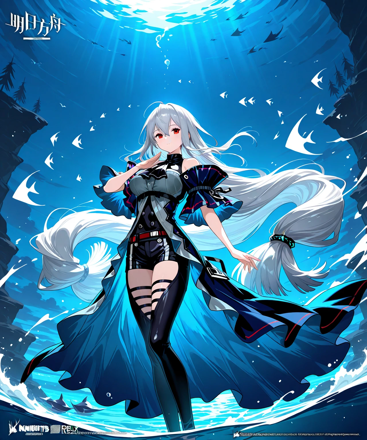 [(Transparent background:1.5)::5],(((Masterpiece))),(((Best quality))),(((Extremely detailed))),illustration, 1girll,Solo,mysterious,vivd colour,Shiny, Underwater transparent sealed hemispherical glass dome, White hair,Red eyes, full body,Barefoot,Long hair is calm and natural, Koi,Underwater, Dome,Close up,Dynamic actions,Lens perspective,(((Box composition))),sitting cross-legged，Leaning against the bookshelf,, (Detailed face:1.2),Shiny eyes, view the viewer,(PureErosFace_V1:0.8), Cityscape,1girll,Solo,tightsuit,(fishnets pantyhose|off the shoulder dress:0.8),Wet,,view the viewer,(eyeslashes:1.1), (cheerfulness:1.21),(Depth of field:1.1), Lens flare, (color difference:1.1), (Caustics:1.1), (scattered luminous petals:1.331), (Style - GBF:0.75),(Highly detailed face:1.1),tiktok,Dynamic Angle,(wide angles:1.1),(Portrait:0.5)
