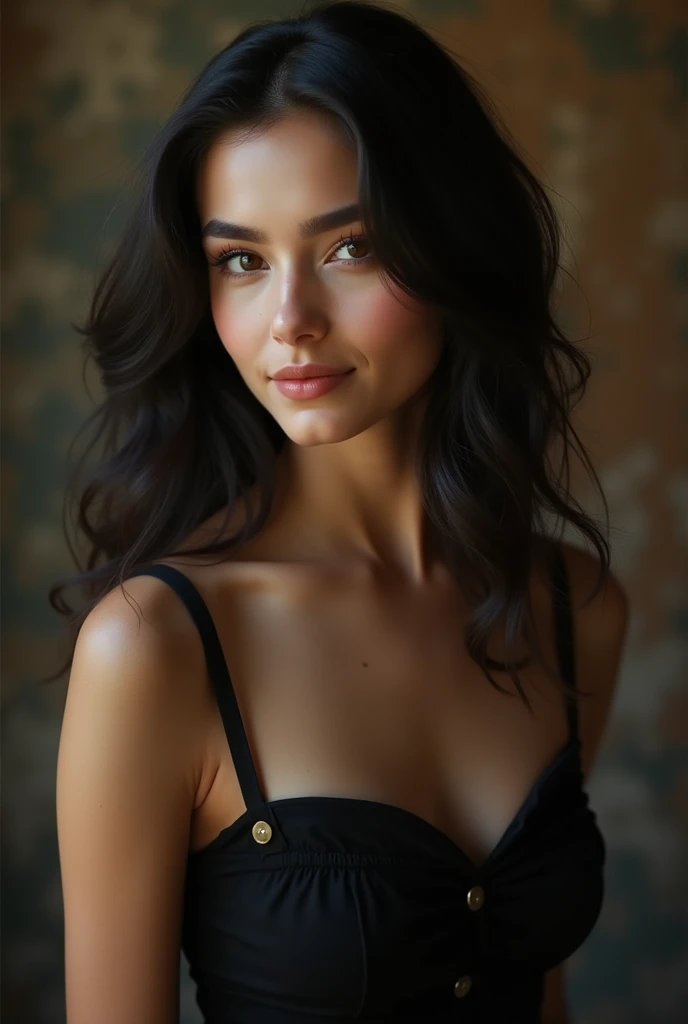 (Masterpiece), (Realistic), (best quality), (8K), ultra detailed, UHD, RAW, black Spanish mom, tan:0.4, (wrinkles:1.3) , round face shape, dark brown hair, long beautiful realistic wavy curly dark brown hair, dark brown eyes, dark brown almond symmetric beautiful realistic eyes, thin eyebrows:1.4, round eyebrows, beautiful symmetric nose, rounded nose-tip, thin nose-bridge, thin nostril, small delicate nose, ((prominent (feminine) cheeks)), (cheek dimples:1.25), thin lips, small mouth, arched chin, red lipstick, skin texture:1.15, wearing a black short strapless dress, (looking_at_viewer), (flexing her body), (nude)