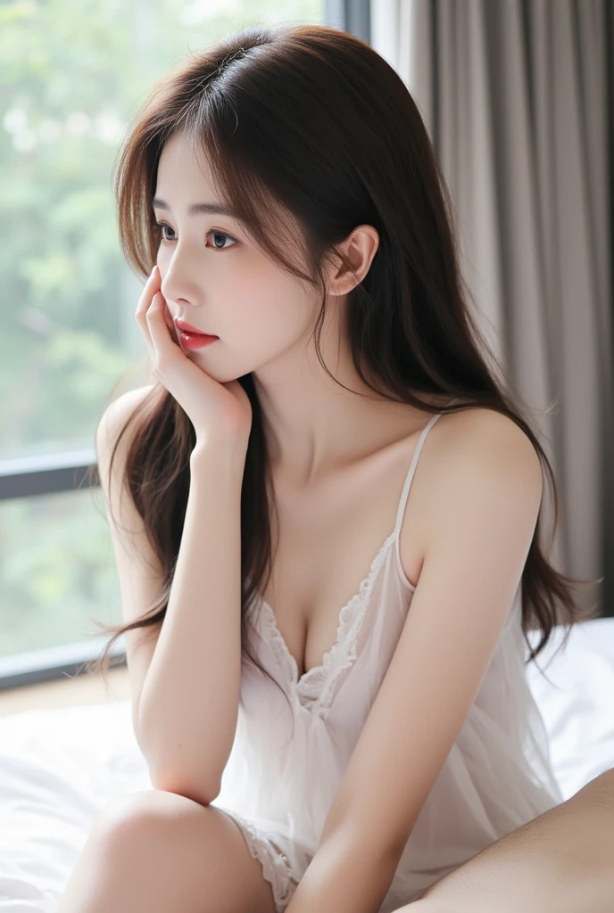 arafed asian woman in a white shirt wearing red bra inside and nurse uniform posing for a picture, lying on stomach, head rest on arm, camera take at side view, a picture by Oliver Sin, trending on cg society, shin hanga, korean girl, gorgeous young korean woman, beautiful asian girl, beautiful south korean woman, gorgeous chinese model, young and cute girl, beautiful young korean woman, asian girl, wearing a red cute top, korean woman, smile, closed lips,