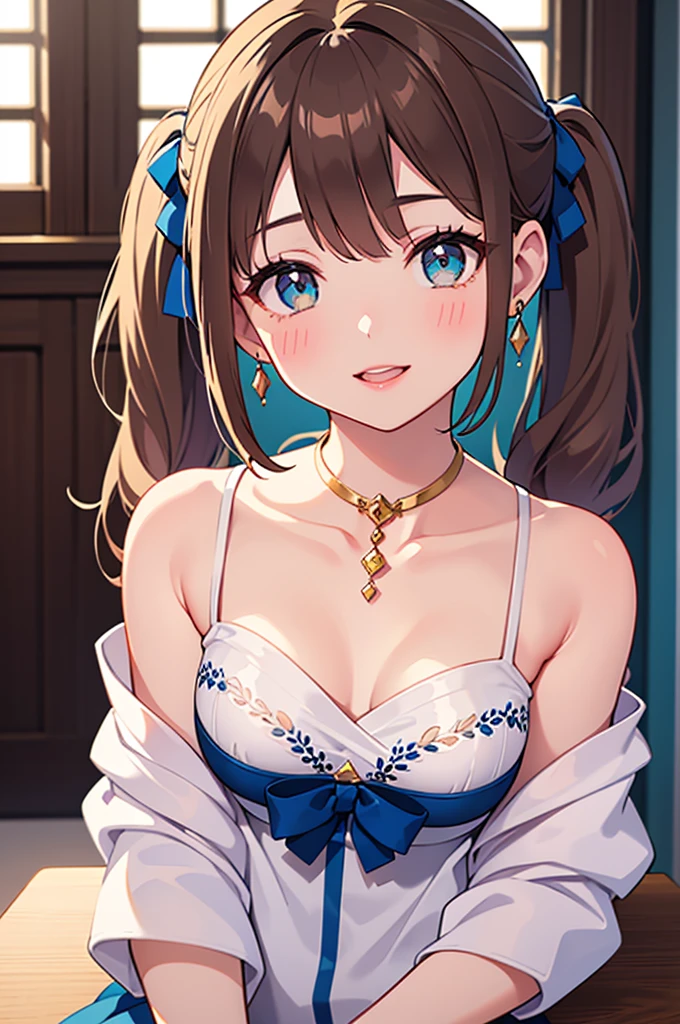 (Best quality:1.3), nakano miku, brown long hair, hair between eyes, off-shoulder yukata, cleavage, large round breasts, smiling, night background, pov)
