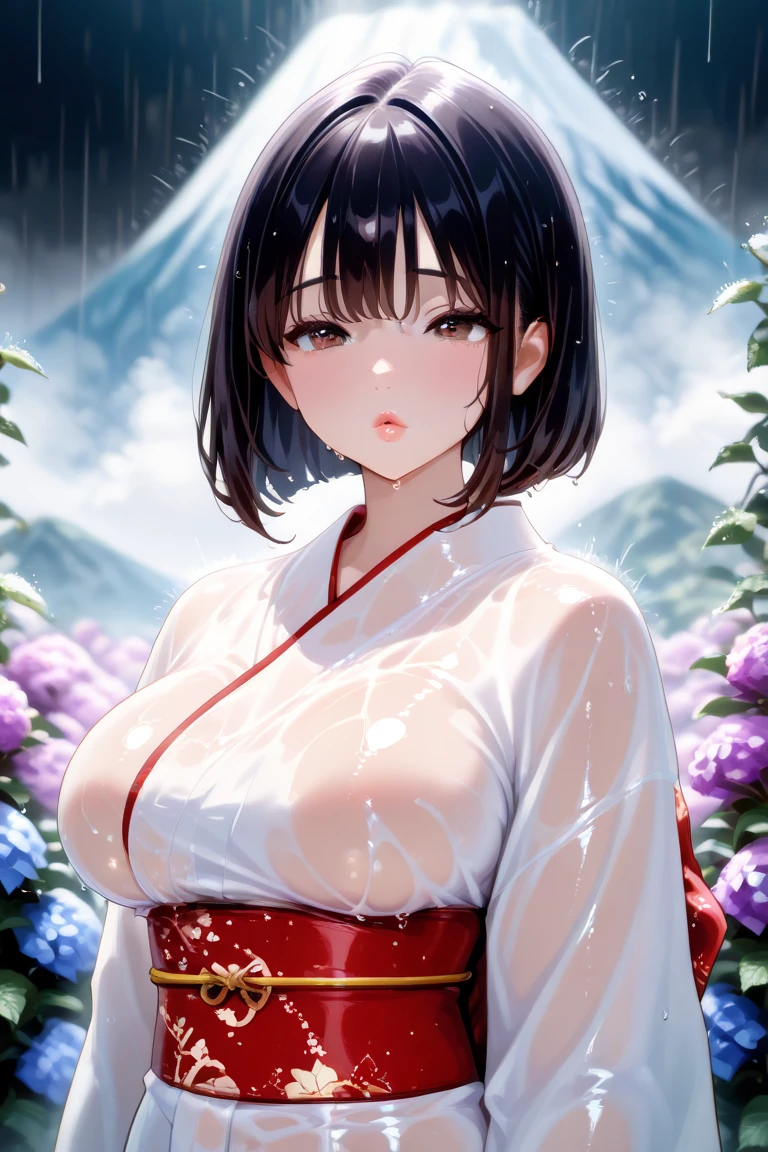 Chinese style,White Hanfu,Bai Suzhen holding an oil-paper umbrella,West Lake,bridge,Rainy Day,beautiful,Keen gaze,Half body,Close-up cleavage,Ultrafine,The hair is very detailed,The eyes are very detailed,Best quality,masterpiece,detailed,precise