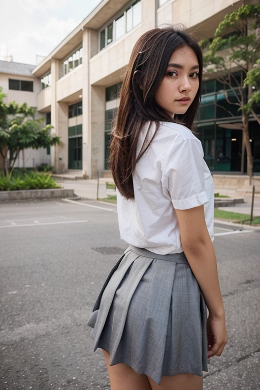 (extremely detailed CG:1.2), (masterpiece:1.2), (best quality:1.2),,((absurdres)),looking at viewer,full body, ,(1girl),solo,(long hair),(mathayom uniform),(white shirt short sleeves),(navy_blue pleated skirt),(long skirt),dynamic angle,standing,dynamic pose,((Delicate facial features)),, background scenery view