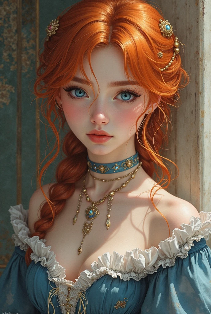 Aesthetic art, a woman, light red hair, blue eyes, curly hair, freckles on both cheeks, full lips, sympathetic look, fair skin, blue dresses, small construction,