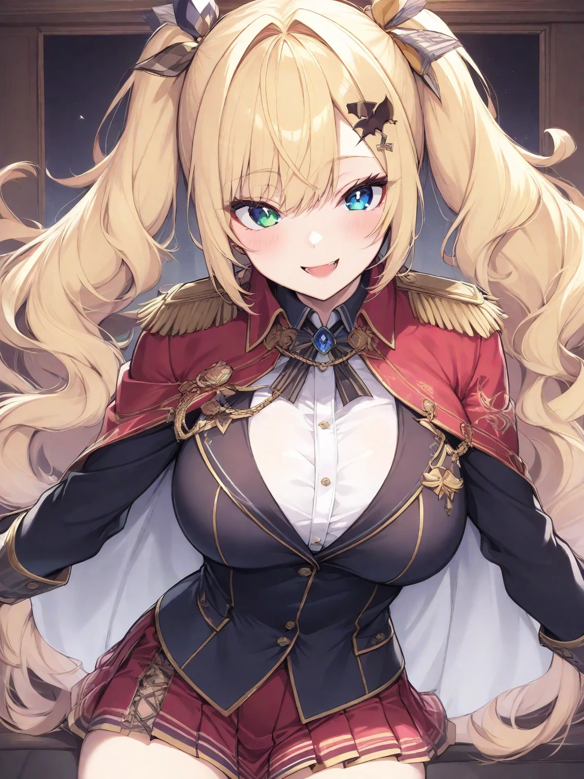 ((masterpiece)), ((best quality)), 1girl, adult, long hair, ((blonde hair)), very long blonde hair, ((intimidant look)), ((close-up)), profile image, green eyes, black and red clothes, sexy, dark colors, brillant eyes, ((coat with fur)), ((wavy hair)), exposed skin, ((sexy pose)), ((intimidant look)), good anatomy, ((dark sage clothes)), ((straight cut bangs)), emotionless, intimidant, ((beautiful eyes)), close up, ((detailed eyes)), beautiful eyes, ((detailed face)), hair bang, frontal look, evil, relaxed, smile, magical goddess othinus, detailed face, eyepatch, full body, ((detailed))