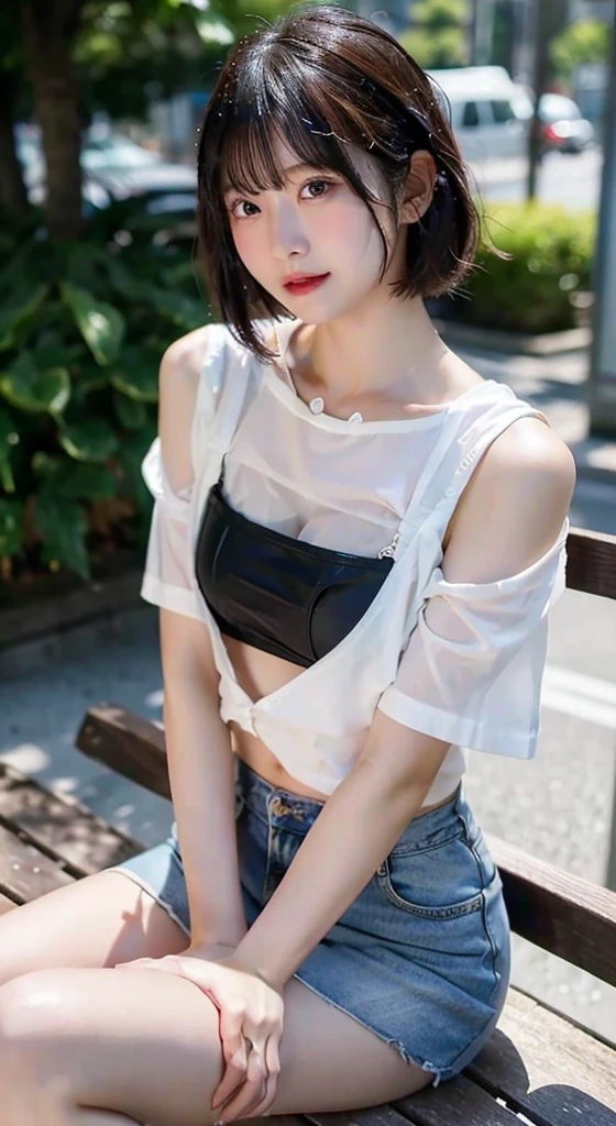 (realistic:1.3), finely detailed, quality, rembrandt lighting, (masterpiece:1.2), (photorealistic:1.2), (best quality), (detailed skin:1.3), (intricate details), dramatic, ray tracing, 1girl, japanese girl, 21 years old, detailed skin texture, (blush:0.5), (goosebumps:0.5), subsurface scattering, smiling, medium breasts, short hair curls, bangs, hair between eyes, white fishnet top, flared skirt, cowboy shot, (bright sunny day), <lora:fishnet_top by goofy ai:1>