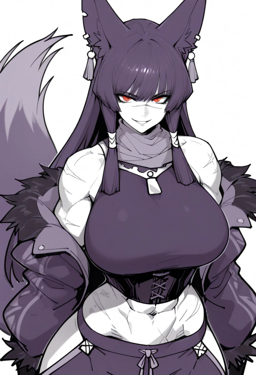 1girl, short_rebellious_hairblue_hair, hair tips to the side, scary_eyes, short_hair, Mouth_open_teeth_sharp_fangs, Evil smile_sharp_wild teeth, black_iris, scarlet_red_pupil, black, sclera, soulless_black_eyes, looking_at_vi ewer, holding, shirt, pant, animal_ears, blue_ ears, wolf_woman, blue_tail, body_perfect, Milf_body, female_body_muscular, big_breasts, scar_on_thighs, scar_on_the abdomen,assassin's creed:Pirate_outfit_black