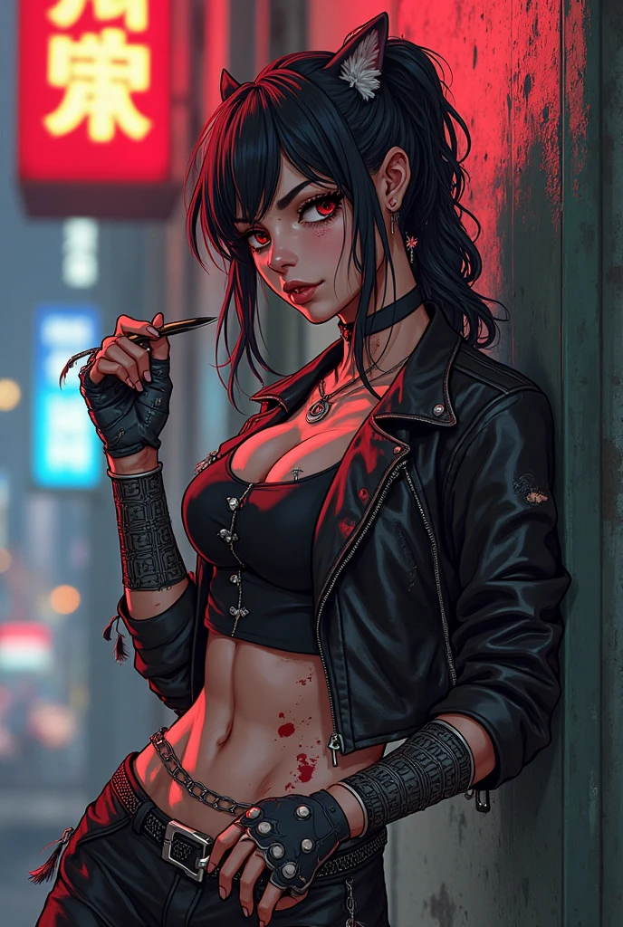 Adult girl carrying a blood stained scythe. scarlet eyes, black hair, cat ears. Wearing a black jacket splattered with blood, drinking some alcohol, big breasts anime style