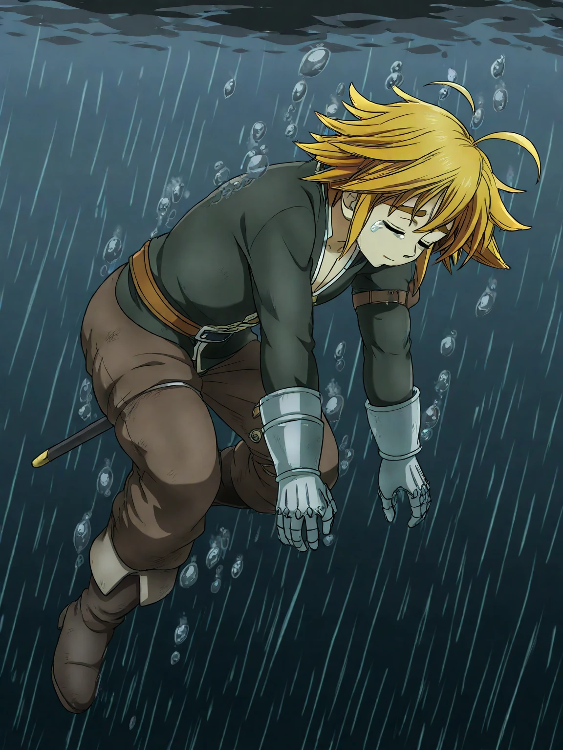 A sorrowful young boy with golden short hair and a single ahoge, closed eyes with tears, sinking underwater, symbolizing despair and guilt. He wears a loose dark green high-neck long-sleeved tunic and light green loose pants, with silver-gray gauntlets and boots. His  displays a pale green emblem: a circle containing a crescent-moon shape. No armor, only flowing cloth and a white extension from his top to the . Surrounded by dark grey and black gradient rain-like background with water bubbles. The boy is Meliodas (from Seven Deadly Sins), shown in a drowning posture, arms relaxed, descending slowly. Emphasize emotional sadness and symbolic curse. Rainy gloom, underwater depth, drowning silently.