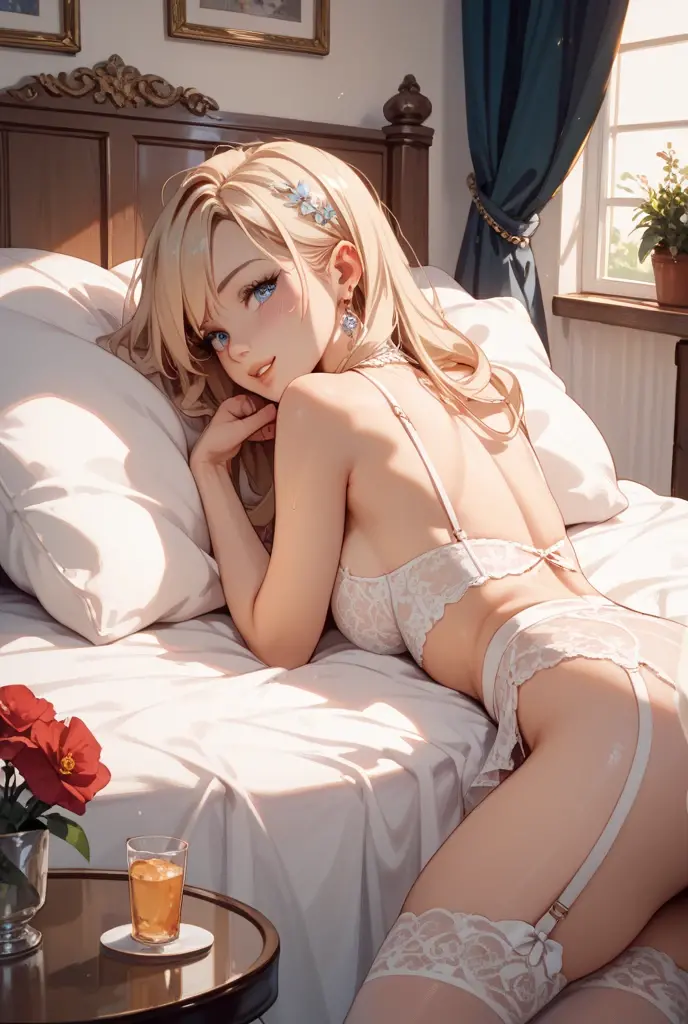 melancholy lighting, quiet, calm, brightness, masterpiece, best quality, 1girl, (JinxLol:1.2), (ultra photorealistic:1.3), (masterpiece:1.4), best quality, ((realistic)), high quality, ultra detailed, ((real image)), ((realistic skin)), ((realistic face)),(illustration:1.05), (beautiful:1.05), (beautiful detailed eyes:1.05), (cinematic light:1.1), full body, precise proportions, 18-year-old girl, skinny model lying next to the bed, BLONDE hair fluttering in the wind, tulle, long legs, feet slightly open, buttocks, blush, shyness, collarbone, abdominals, double weave, beautiful and delicate face, fair skin, real skin, (face detail), pores, super high resolution, 8k, parameters Best quality, masterpiece, super high resolution, (Realistic 2.0), More details, detailed skin, transparent panties, wide smile, white teeth, full hair CURLY BONDE voluminous, perfect and well designed eyes, Girlfriend, Beautiful, Beautiful, Flowers, Studio Lighting