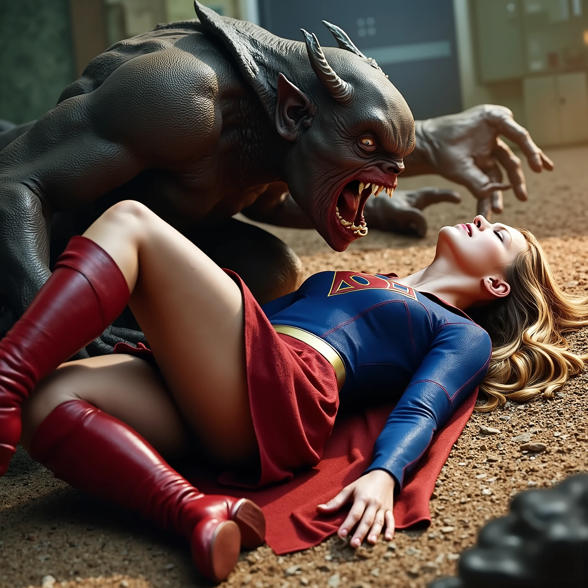 Melissa Benoist as Supergirl, fighting with strong fierce devils, she is lying unconscious, painful face, exhaust, she is wearing a Supergirl costume, blue shirt and very short skirt, red high boots, she is attacked by a huge body devil, the devil is bending over her body, his hand is on her leg, whole body from head to feet are visible, night time, bright spot lighting,