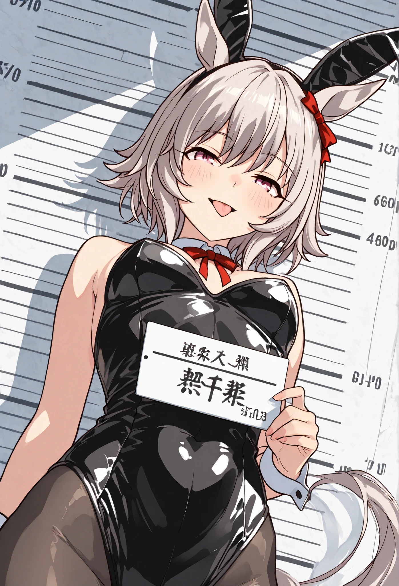 {{{1woman:1.3}}}, ,{{{Curren Chan:1.4,gray hair,Uma Musume:1.4,Horse Ears:1.4,red ribbon from below,Horse Tail,}}},{{{medium breasts }}}{{{masterpiece}}},{{{top quality}}}, {{Super Detailed}}, {{very delicate and beautiful}}}, {{{8k}}},{{{flat color:0.6}}},{{{type-moon:1.5},{{{face focus:1.4}},{{{sexy pose}},,{{{simple back ground}}},{{{sexy pose,dynamic pose}}}{{{smile}}} }{{{batch:1.5}}}{{{face focus}}},{{{flat color:0.6}}}\(umamusume\),playboy bunny(bunny girl)
rabbit ears, black rabbit ears, fake rabbit ears,(bunny girlの耳)
BLACK leotard,(black leotard)
pantyhose, black pantyhose,(black stockings,mugshot of a young woman standing straight against a height measurement wall, holding a white ID board with white text that reads "ID #3048 / Tokyo Police Dept. / 2025-06-09", dissatisfied expression, half-lidded eyes, slightly tilted eyebrows, clean lighting, front-facing, neutral background, realistic anime style, upper body portrait,stick out tongue a little