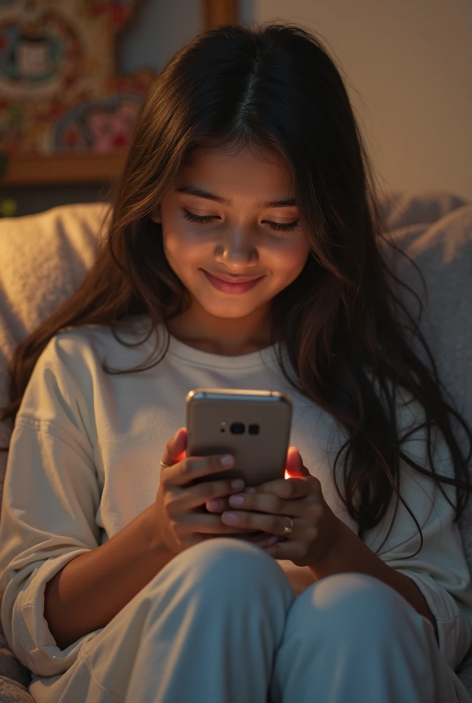 Young girl uses a smartphone and relaxes in waiting room after sauna