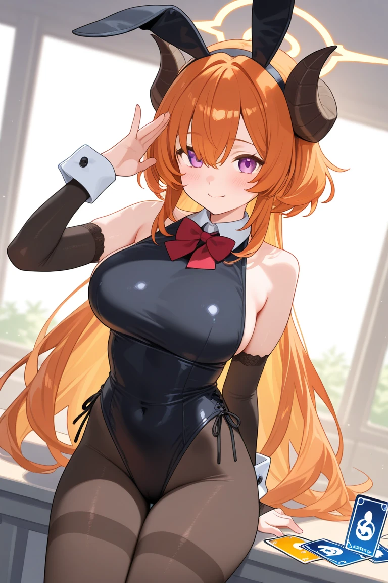 1girl, bunny ears, rabbit ears, large breasts, thick thighs, tall, tall female, toned, athletic, black leotard, bunnysuit, leotard, brown hair, short hair, ponytail, yellow eyes, mature female, light smile, cleavage, elbow gloves, fishnet, fishnet pantyhose, bowtie, gold trim, golden trim, red bowtie, ((brown hair))