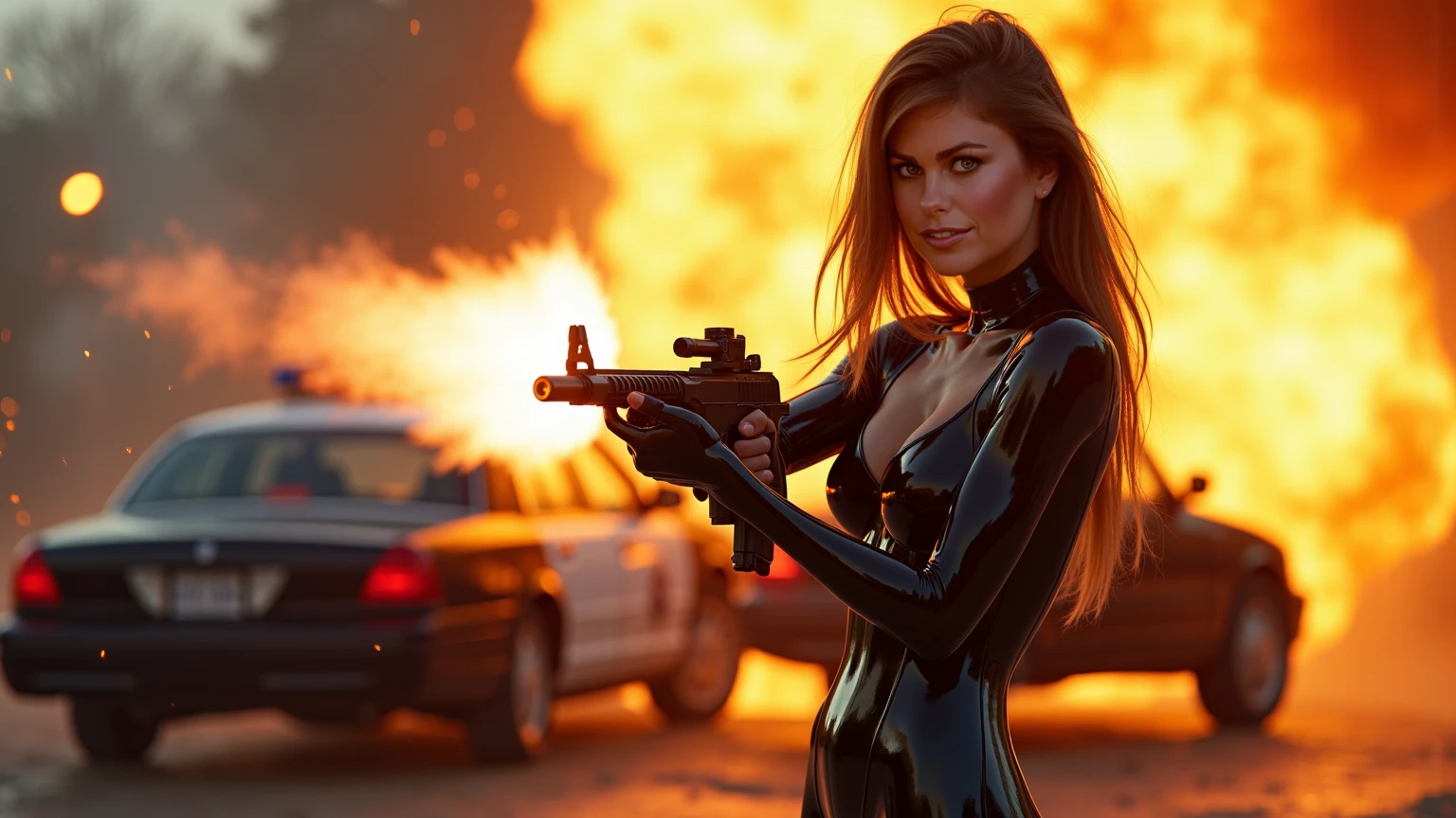 A full body action pose of a Beautiful evil (((????))) (((woman late 20’s))) with long brown hair with bangs and a swaztika barrette, hazel eyes filled with hate, and (((thin glossy red lips))), a sadistic smirk across her face. She is wearing a tight gray short dress with a ???? armband and black full length gloves and holding a gun. She is shooting and killing Captain America. (((Destroying, Evil wins, burning city, lots of bodies litter the ground))).