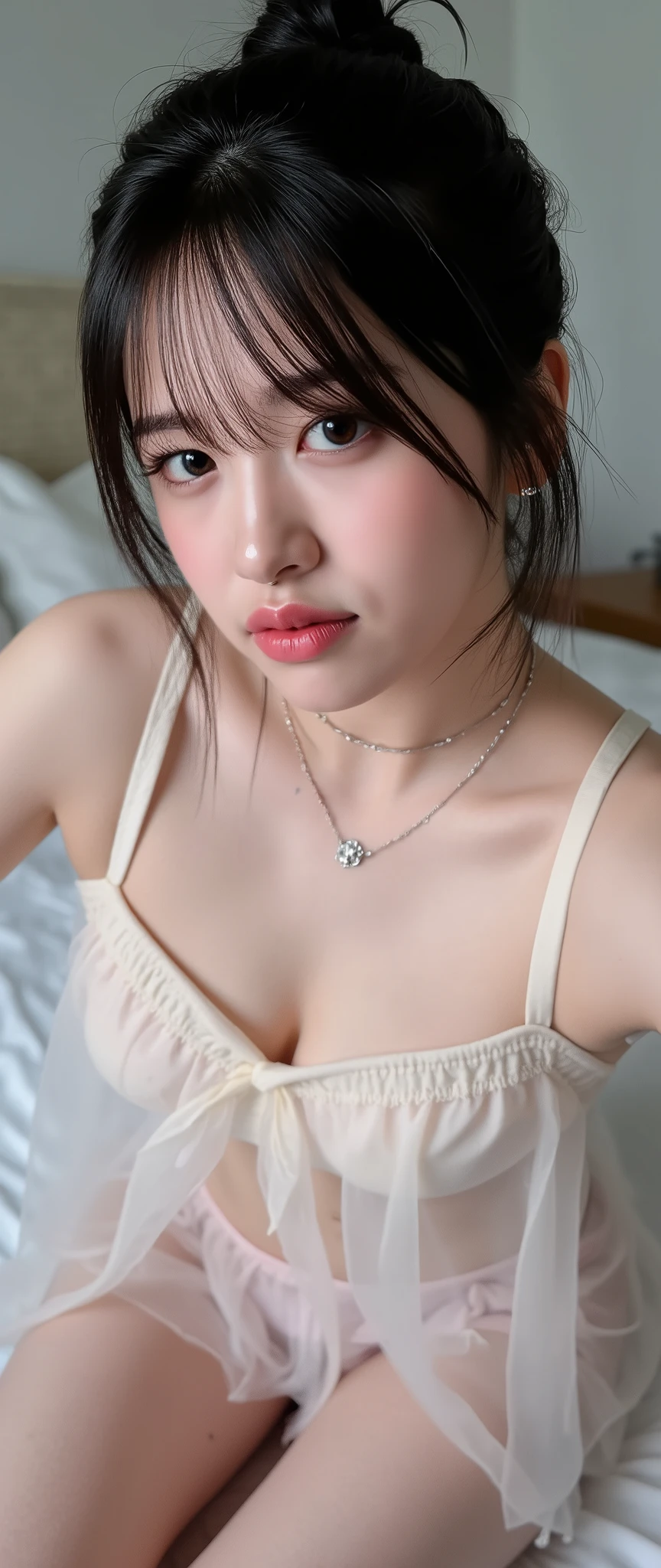 (full body close-up high angle:1.2), (1 girl: comely, from korea, ear old, cute, very dark messy hair, long eyelashes, comely detailed (very dark) partially blocked brown eyes, comely detailed pink lip-glossed lips, (realisitic complexion skin:1.2), (Dimples), extremely detailed eye and face, rounded and soft facial features, gaping mouth, Seriously, (piercing de septo:1.2), small hoop earrings, choker necklace with pendant, loose gray crop top made of transparent tulle mesh over her natural breasts, Lots of cleavage, nipples, below the chest, very flat belly, very narrow waist, lots of belly exposed, Piercing no umbigo, Sheer Tulle Mesh Short Shorts with Extremely Low Waist and No Zipper:1.2, almost exposing pubic hair, Frontal wedgie, hip bones, tight slit, thick, toned thighs, comely legs, cutest feet with white pedicure, dancing and recording a tiktok video, (expression:self-confident,haughty,indifferent,awareness of your attractiveness), (fund: (bedroom environment )), (best qualityer,4K,8k,high resolution,work of art:1.2),ultra detali,(realisitic,photorealisitic,photo-realisitic:1.37),HDR,studio lighting,extreme detailed description,proffesional,(bright coloured),portraite