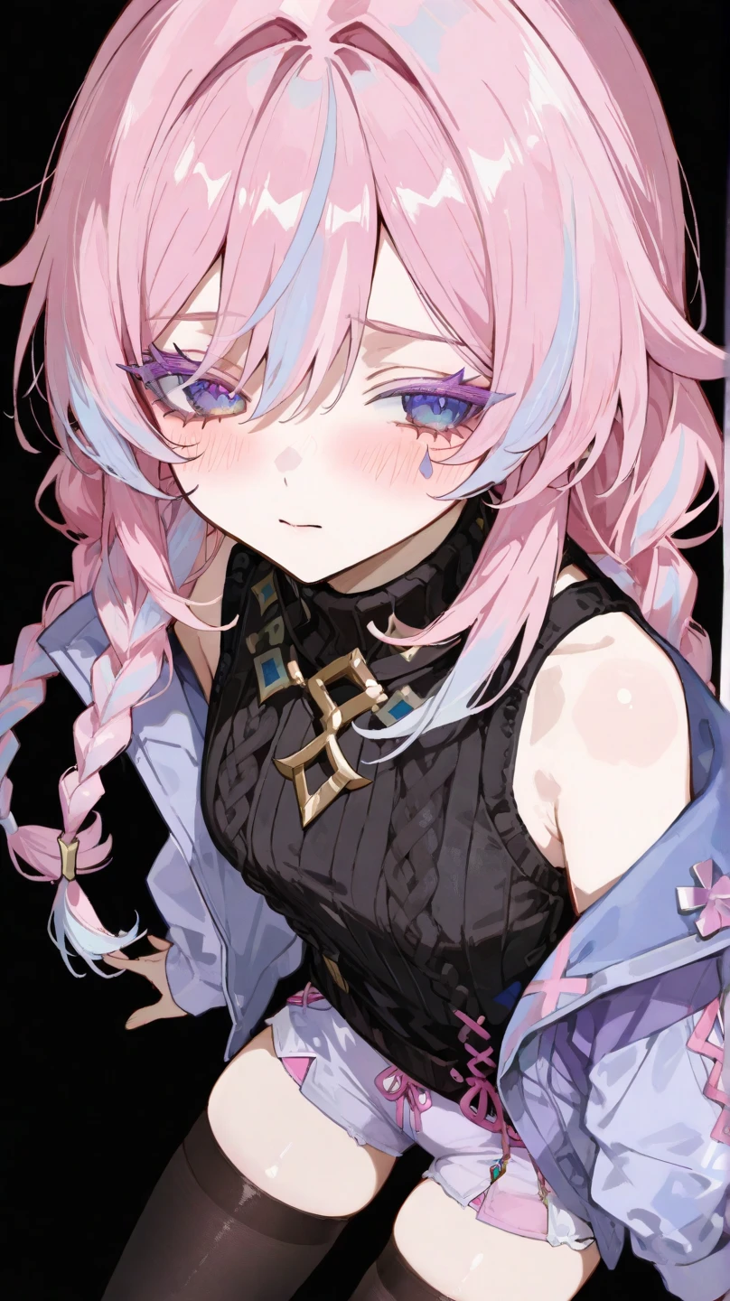((Masterpiece)), (highly saturated), (Anime:1.5), ((best quality)), (sketch:0.3), (best quality:1.2), (Professional Photography:1.2), (12 years old), ((1girl)), Textured skin, cinematic lighting, intricate details, pale purple hair, cute teenage girl, (shy and very blush), lower eyelashes, (twin braids), single elbow glove, ragged short shorts, cute bikini top only, (strap slip), Thin chain necklace, belt, bullet, upper body, potrait, (cute pose), ((on the steampunk city)),
