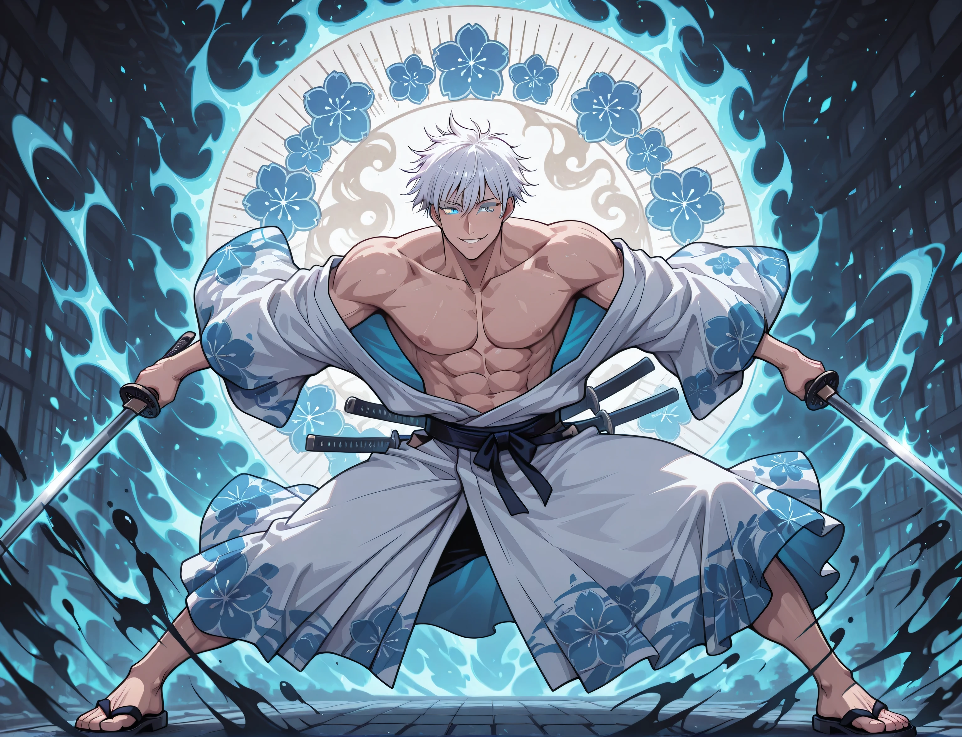 1man, adult, male focus, gojou satoru, jujutsu kaisen, white hair, short hair, ((hair between eyes)), colored eyelashes, white eyelashes, blue eyes, intricate eye iris, detailed eyes, muscular male, sexy man, handsome man, handsome face, white kimono with blue flower patterns, dynamic pose, dynamic composition, katana, sword slash effect, sword aura, ink background, ink splats, full body