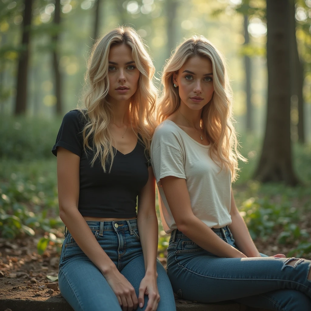 blonde, medium breasts, black rock blouse, blue colored eyes, jeans