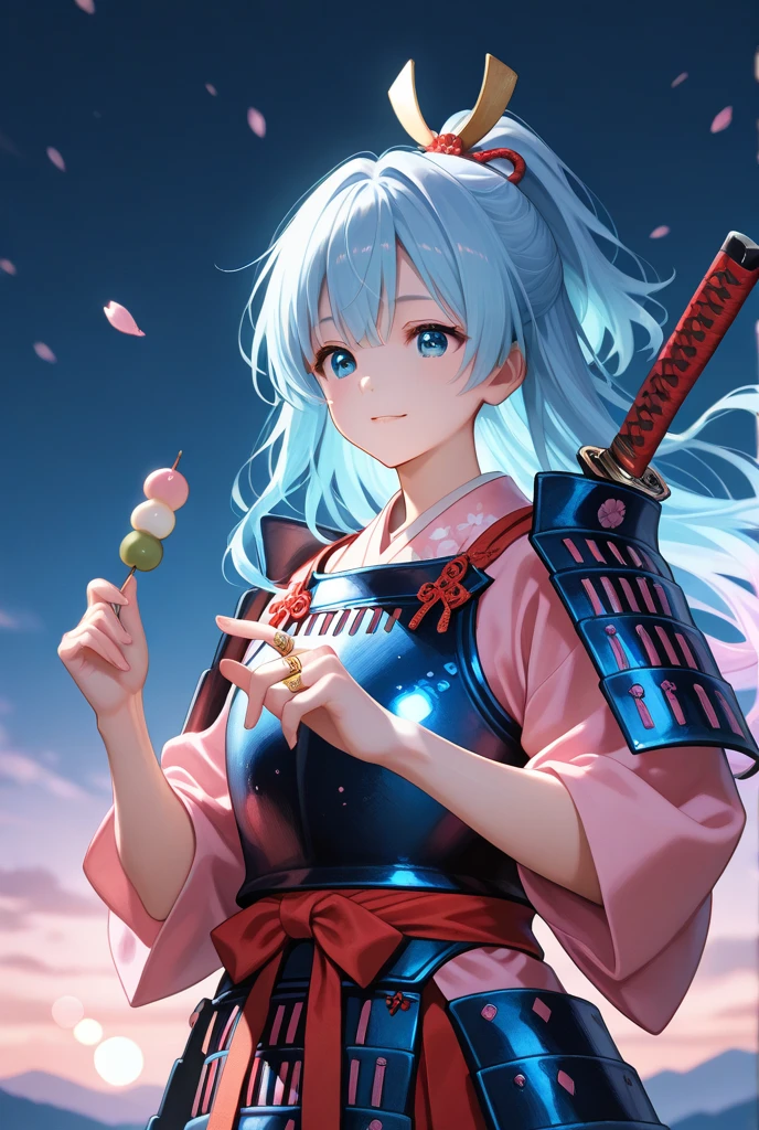 (masutepiece, of the highest quality, Best Quality, Official art, Beautiful and aesthetic:1.2), Extremely detailed,(Colorful:1.1),highest details, one arafed woman with braids white hair and pink tips and green eyes, big breast, sfw, japanese armor, night, big blue moon, japanese temple