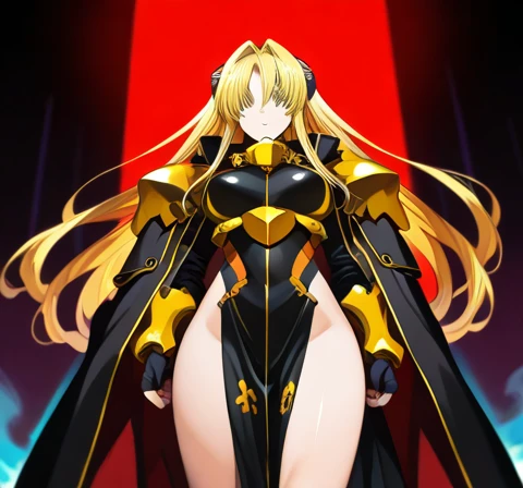 high quality, extremely detailed, perfect face, <lora:LanaLG2:.8> <lora:Urushihara Satoshi_v3:.6>, (Lana), black leotard, cape, asymmetrical armor, large breasts, hairpiece, long blonde hair, extremely glossy latex