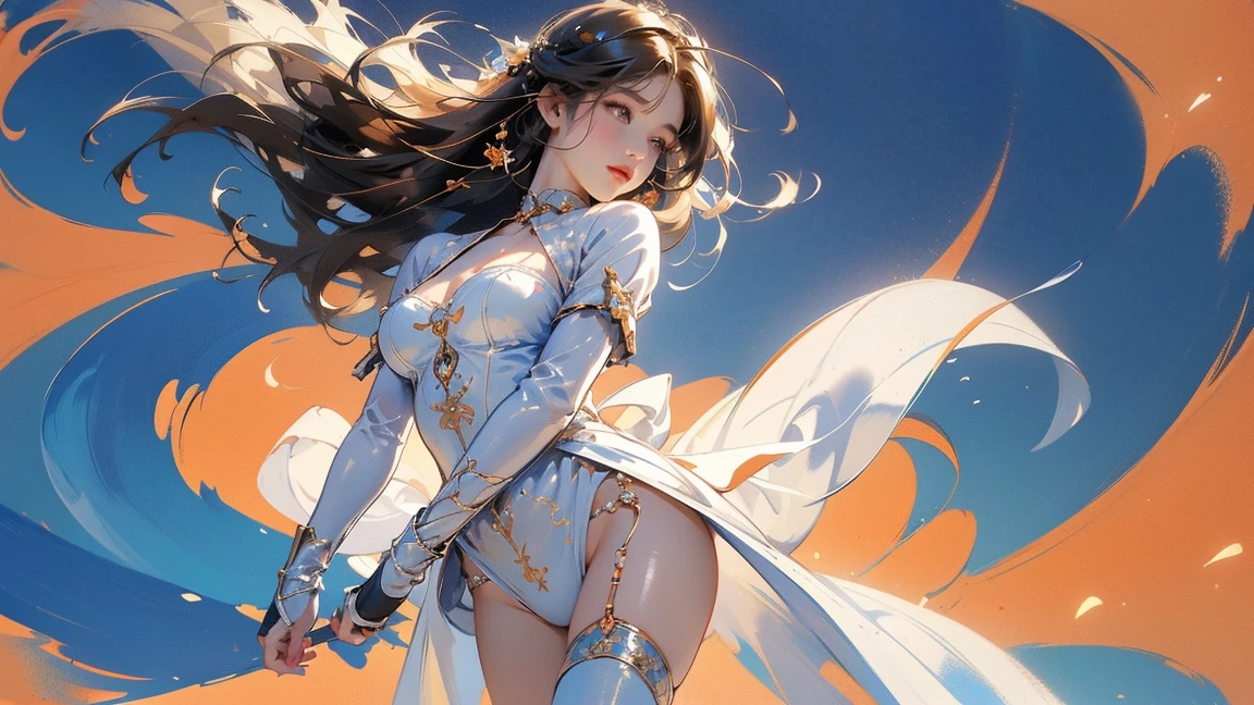 ((masterpiece, best quality)), Delicate face，fighter，whole body，Standing picture，Long legs，Large Breasts，Gradient long wavy hair，Perfect body proportions，Pretty golden eyes，Extremely beautiful，transparent， Pure white background，cloud，Dragon Soul，Erotic_lingerie，Sexy_Bikini，Lace，Garter stockings