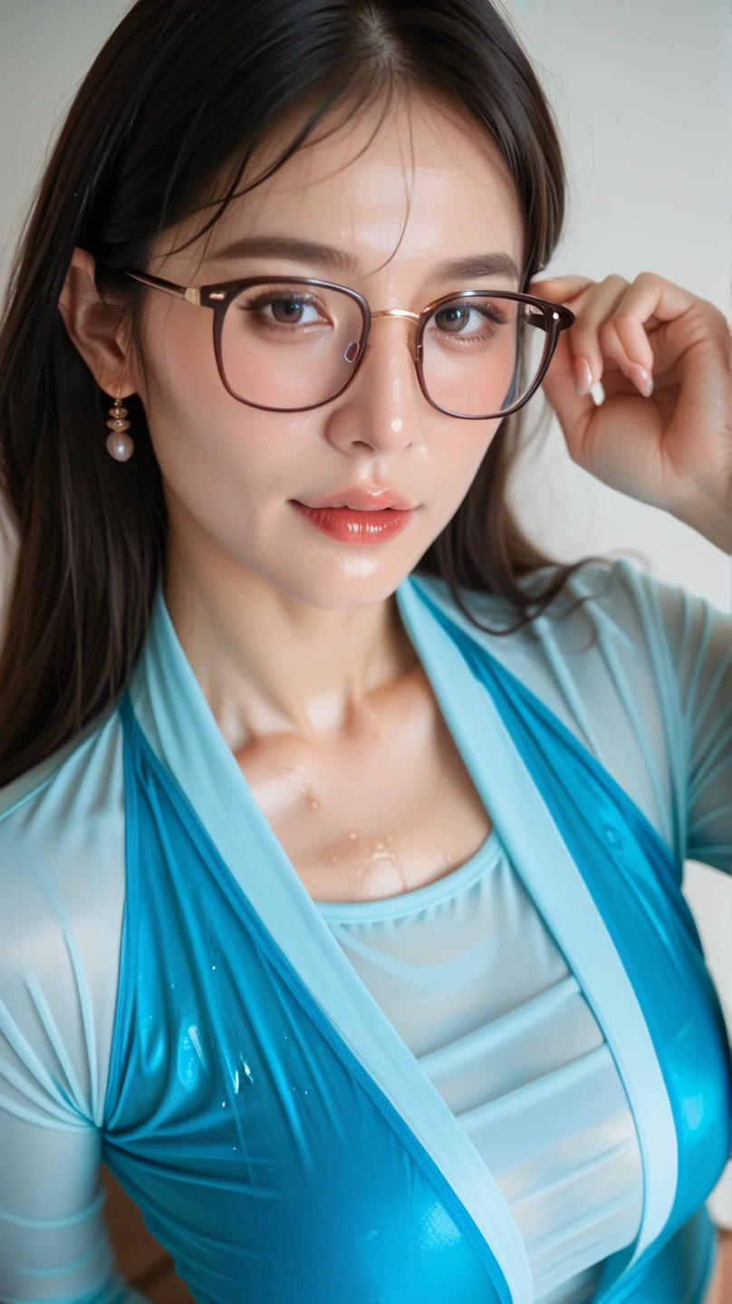 ((V-neck ice silk suspender nightdress)),Spectacles"Naked Bra" ((Hairstyle is shaved head, skinhead)), age 45 years old, 8K, (((HALF BODY PORTRAIT))), (female Arm muscles :1.2) white