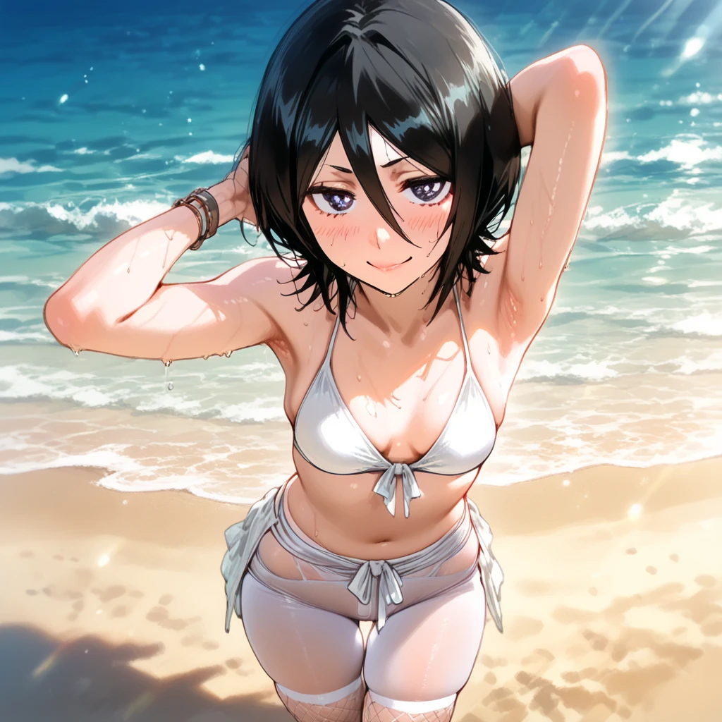 (WALLPAPER, (hinata\(boruto\), (((white string bikini))), masterpiece, 4k, vector coloring, whole body shot, (high color saturation), contrast lighting, mature female, (curvy:0.8), solo, anime style, sharp focus, professional artwork, intricate details, colorful, vibrant colors, vivid colors, digital blending, ultra detailed body, ultra detail hair, ultra detail face, trending on pixiv, very hot colors, (((beach background, outdoors))), detailed bold arm lines, high color saturation, bold lines, bold drawing lines),
(((hand against wall)), (head tilt), closed mouth, kind smile, gentle look),
((dark blue hair color:1.1), wavy hair, ((short hair, hime cut)),
(perfect eyes, white sciera, bright eyes, white eyes, anime eyes, smoky eyeliner, eyeshadow)
(white skin, (fair skin), slender body, milf, perfect face),
(legs, big breasts, off-shoulders, (detailed shoulders, detailed arm lines)),
(bare shoulders, bare legs, (closed fists),