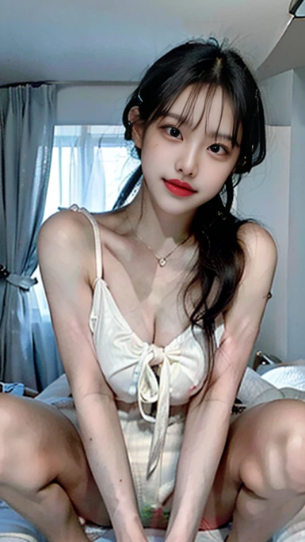 best qualtiy,tmasterpiece,A high resolution,1girll,Printed slip nightdress,Slip nightdress,Slip nightdress,hair adornments,choker necklace,jewely,beautiful face,Red high-gloss lipstick,Physically,Sitting on the bedside,sitted,Dingdall effect,realisticlying,Dark Studio,edge lit,twotonelighting,(highdetailskin:1.2),8K Ultra HD, Digital SLR, softlighting, high high quality, volumettic light, sneak shot, photore, A high resolution, 4K, 8K, Background bokeh,