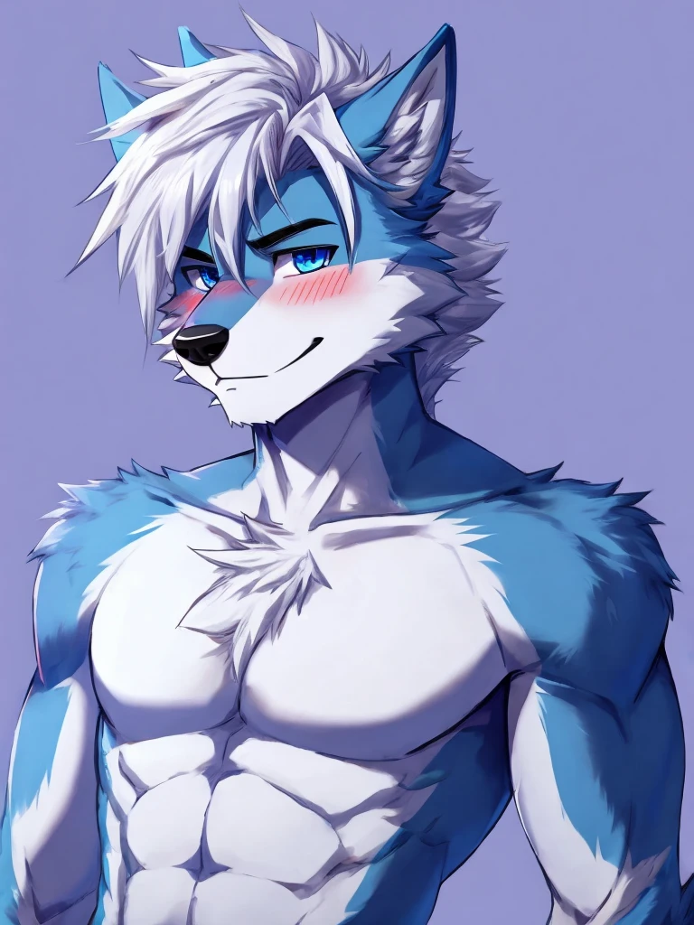 Spencer (A blu furred, anthro wolf male, slim, fit,blue hair) wearing blue jeans,with a boyfriend
