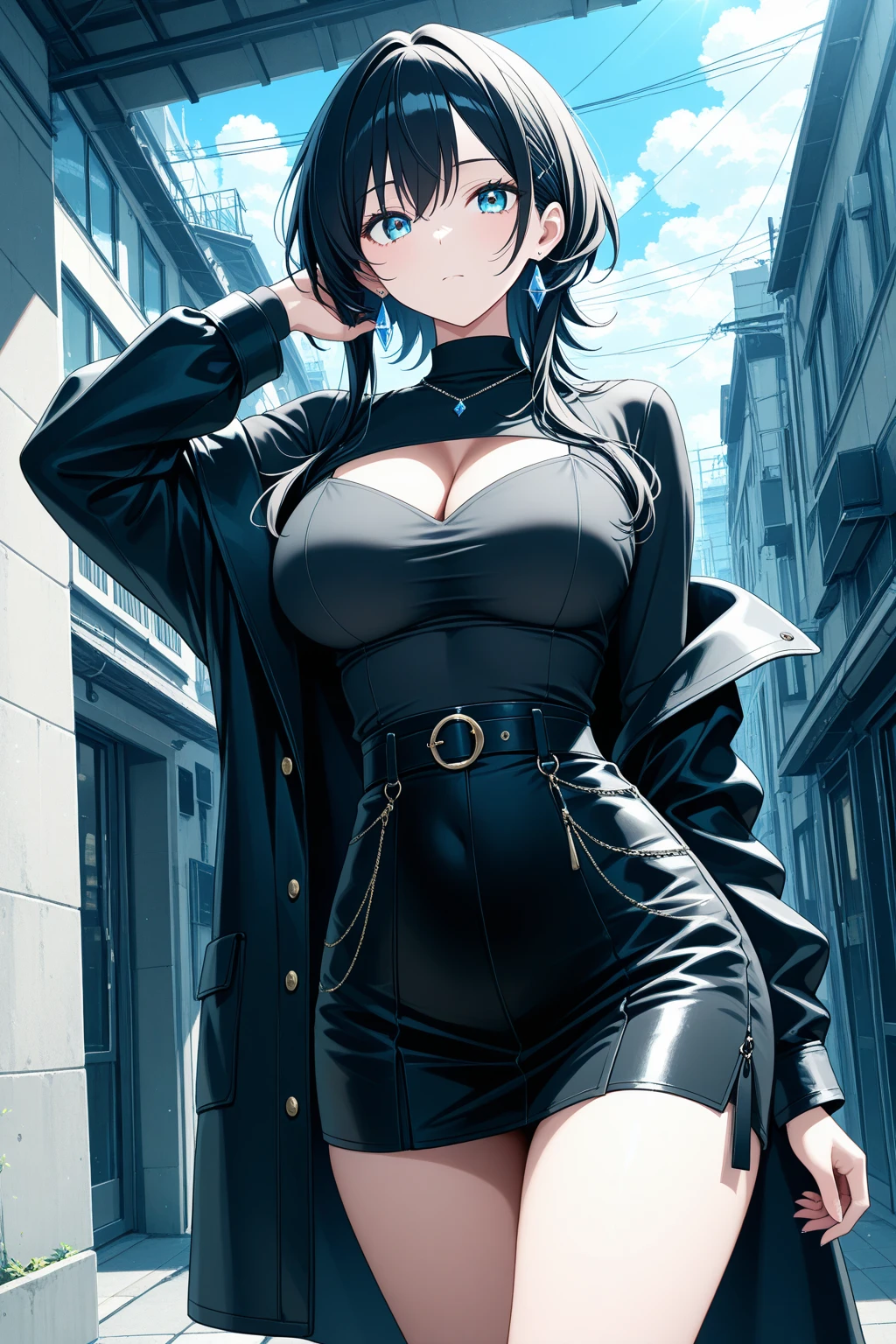 one-girl,little breast,Off-the-shoulder attire,cleavage,adolable,Fit in shape,Black color hair,short detailed hair,Black eyes,city night scene,on the rooftop,Superskirt,black lence stockings,Be red in the face,scowling,looks into camera,the night,galactic,meteors,Petite figure,down view