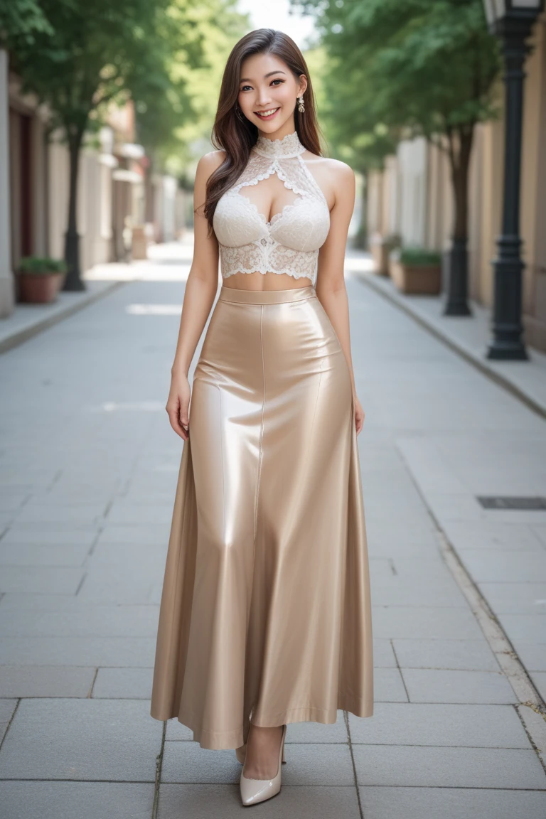 RAW Photograph,35mm,(Masterpiece),ultra photo realistic, Futuristic Galactic Theme, Imperial, Beautiful pale white skin Euro-Asian maiden,posing elegantly,(age 25,height 175cm,36-24-36 body figure,slim abs,round chest),(Indonesian Empress style),brown long hair,Beautiful White Majestic open side with gold embroidery and line cut outs long skirt gown,(white cape,white thigh boots,gold mini headband,gold choker,gold beautiful accents),intricate,lovely details,appealing view,natural lighting,ultra sharp image, Futuristic palace background, UHD,8k, (Royo,Giger) 