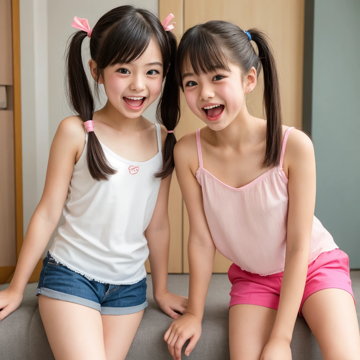 (Two girls of the same age:1.2) , couple focus, Adorable, 5years old, Upper body, japanaese girl, cheek-to-cheek, Sitting on a cushion, Ruffled Summer Dresses, Twin-tailed, hair scrunchie, Low contrast, Best Quality, 超A high resolution, photographrealistic, ultra-detailliert, 8K, Raw photo, (downbrouse:1.0),