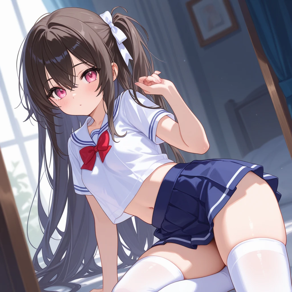 beautiful, cute (((5yo anime girl, preteen))), blue eyes, blond long hair, (((tiny body, skinny, small, short, flat chest))), small round butt, wearing short (((summer dress))), in a small room, standing straight, embarrassed, uncomfortable, best quality, masterpiece, soft lighting, highly detailed, view from below, embarrassed, shy, blushing, looking away, upskirt, white panties, cameltoe
