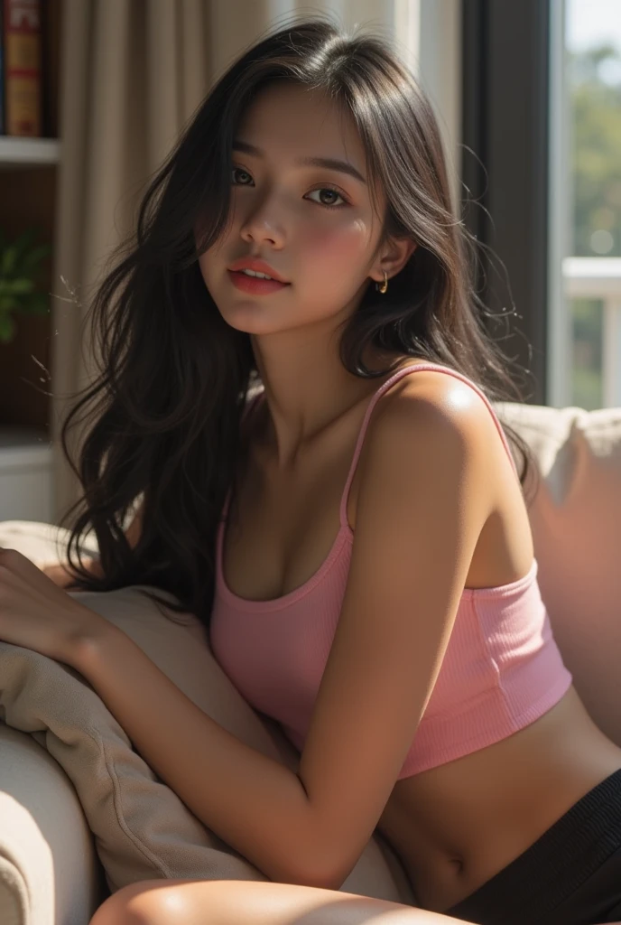 a young fox woman wearing a pink crop top and pink leggings lying on a white bed, detailed face, beautiful eyes, full lips, long eyelashes, long dark hair, beautiful detailed skin, bedroom interior, sunlight, glowing skin, soft lighting, photorealistic, highly detailed, hyper detailed