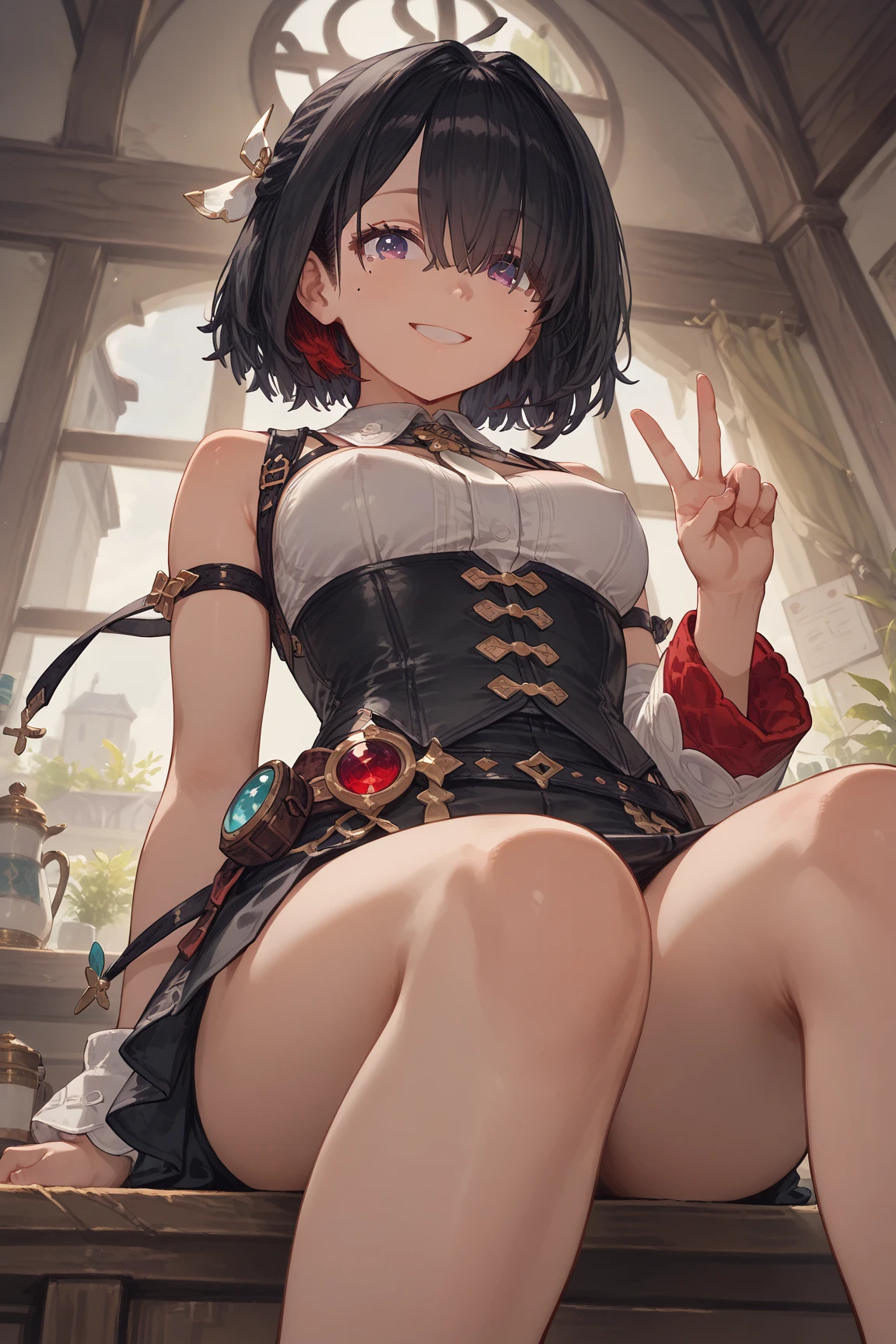 (masterpiece, best quality, excellent quality), ((1girl, solo)), (gradient pink eye, black hair, short hair, school uniform, expensive hair ornament), blush, closed mouth, light smile, (thigh_gap, groin, narrow waist, skinny stomach), (marble wall, marble floor, large window, chandelier), (sky, city, (skyscrapers), trees),