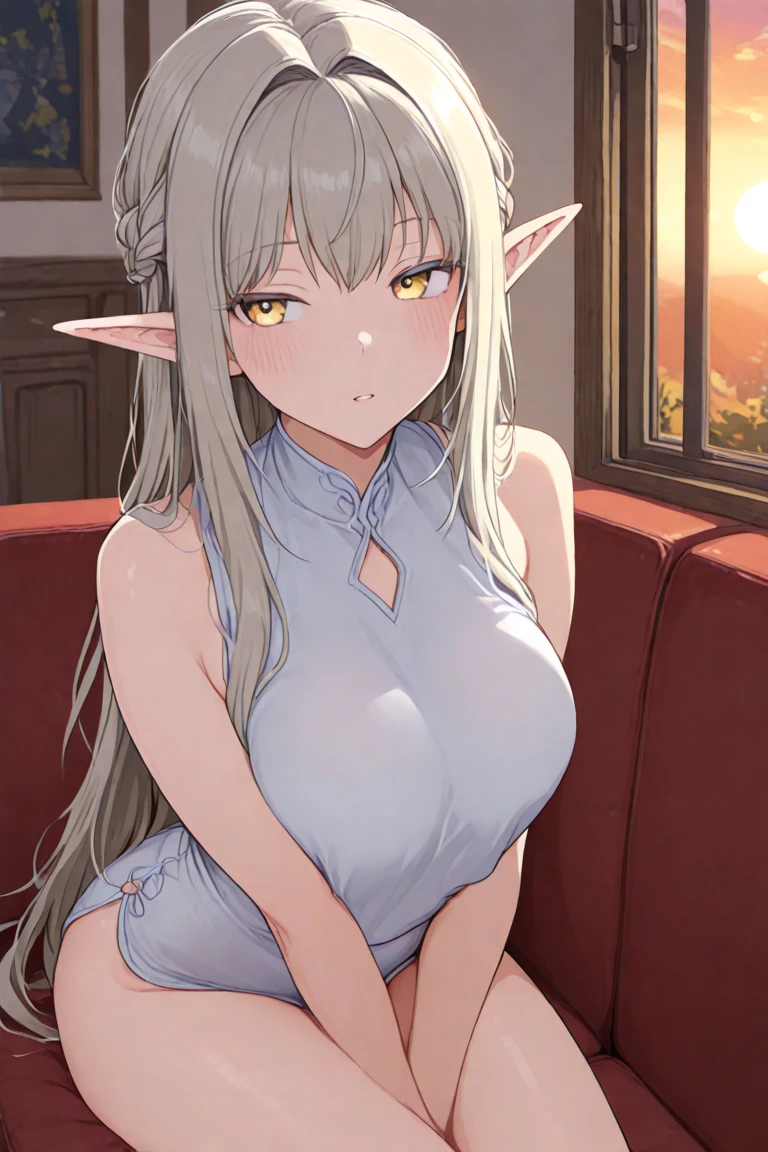 masterpiece, best quality, very aesthetic, absurdres, 1girl,huge tit, naked_apron, in kitchen,frieren,sousou_no_frieren,elf, green_eyes, grey_hair, white_hair, long_hair, parted_bangs, pointy_ears, dangle_earrings, drop_earrings, earrings,,in classroom,surrounding by flowers,falling_petals, petals,,