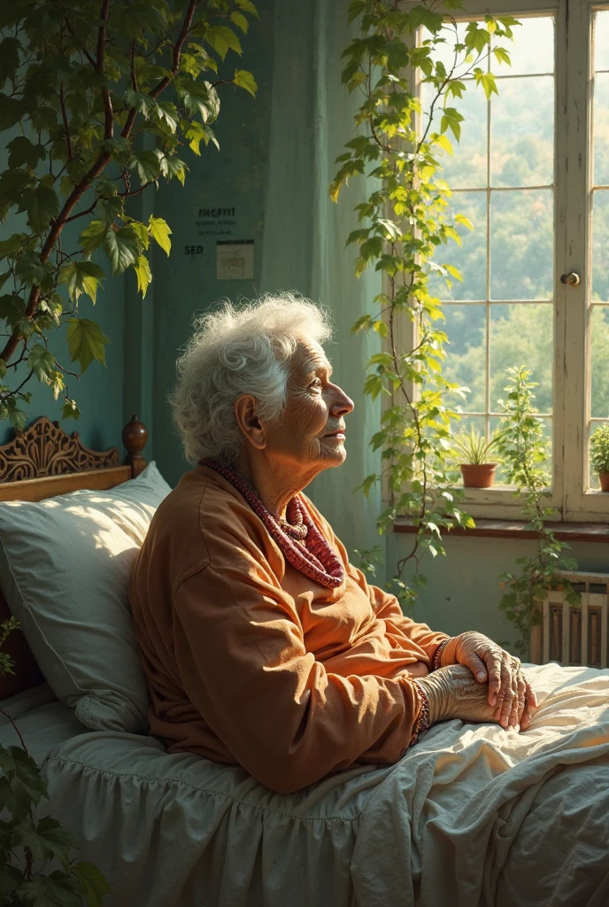 (photorealism:1.2), old woman, sitting on the bed, naked, soft lighting, plants in background, window with sunlight, cozy room, relaxed pose, realistic, intricate details, warm colors, by Greg Rutkowski, by Alphonse Mucha