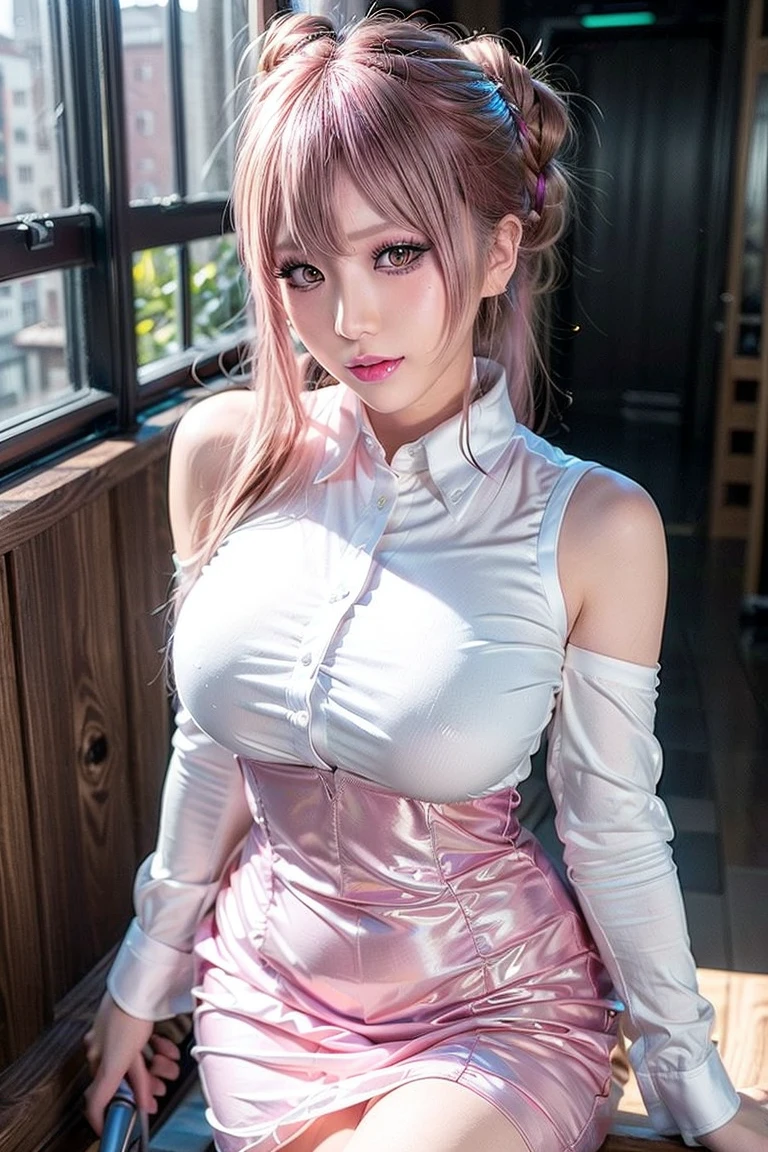 sfw, (sleeves rolled up), (masutepiece) (8K High Resolution) (top-quality) (ultra-definition) (A hyper-realistic) (Beautiful One Girl) (Raw photography) (Photorealsitic) (ighly detailed) (Photographed by a professional photographer) (The most beautiful face) (Perfect body) (Face and body without defects) (Detailed beautiful white skin) (Five Fingers) (9th class) (sixteen years old) (japanes) (FULL BODYSHOT)}} (Loose blouse) (Plaid miniskirt) (Walking in the city) (Very beautiful long legs) (Long pink hair) (Distract your gaze) (Very beautiful long eyes) (Very Beautiful Japan Beautiful Girl) (Very beautiful well-groomed face) (Beautiful high nose) (Very cute red lips) (Beautiful thin eyebrows) (Beautiful double eyelids) (Canon F/1.8 500 mm) (blured background) (Thigh stockings) (Cute boots) (Beautiful silver earrings) (Entire screen subject) (a smile), wearing bra,((skinny waist)), young asian girl, ((big breasted)),