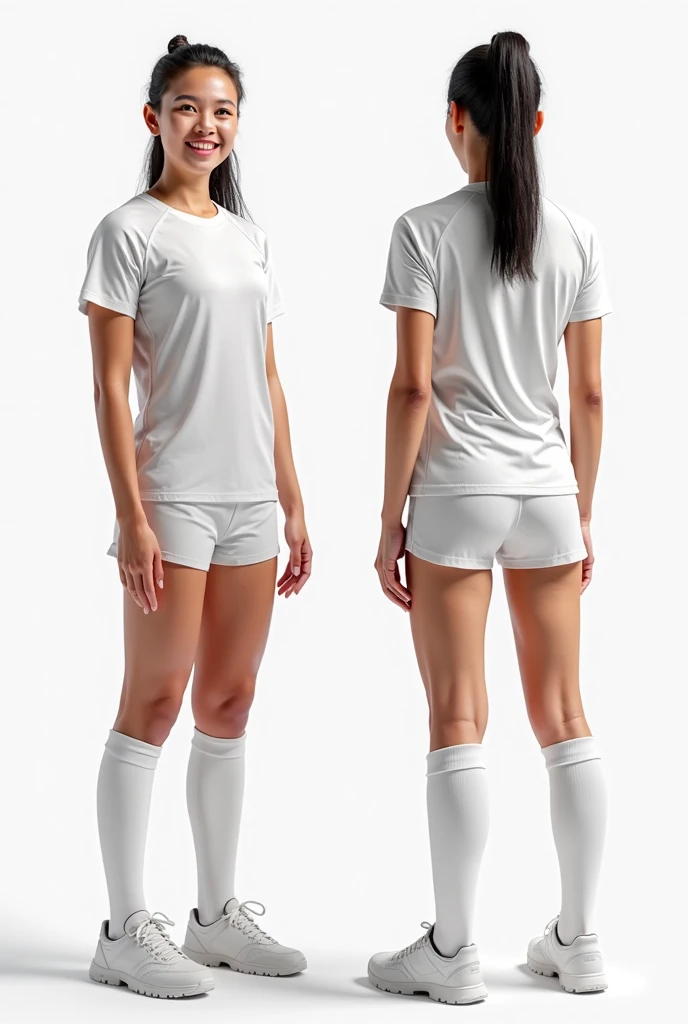 A woman standing in a v-neck shirt white and shorts white, facing the camera with his hands by his side. In front and back view. The mockup includes a soccer jersey, shorts, and socks, providing a complete soccer kit presentation