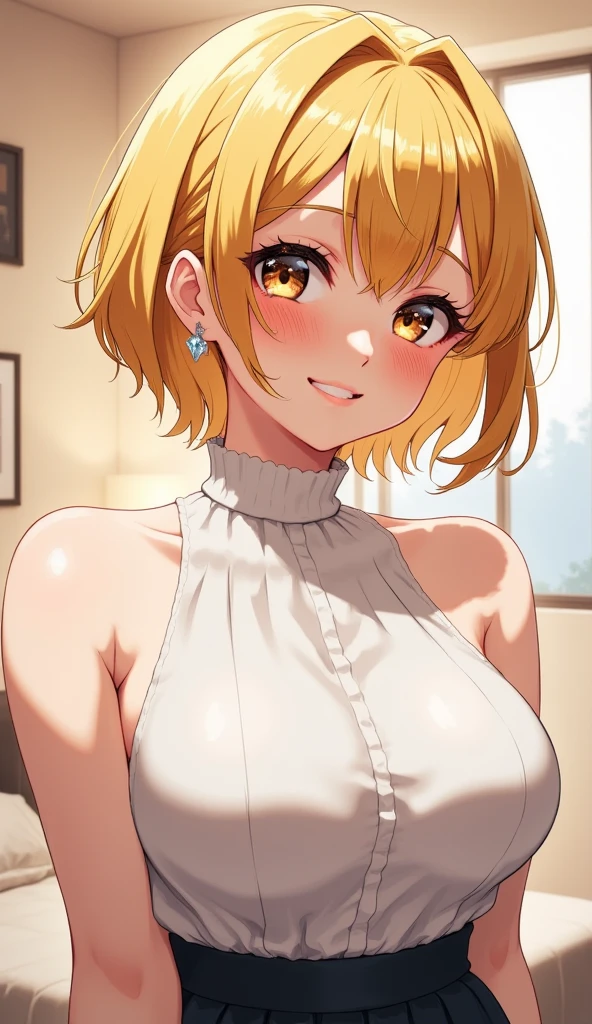 Screaming , (((big breasts))), exclamation mark, moan, many hearts,spoken heart, comic strip,
(moving line, motion blur)、lots of heart speech bubbles,(((Lightweight off-the-shoulder sweater)))、brown skin、(((gal、galファッション、Sexy bitch、Straight short hair、blonde、heavy makeup,galマイク)))