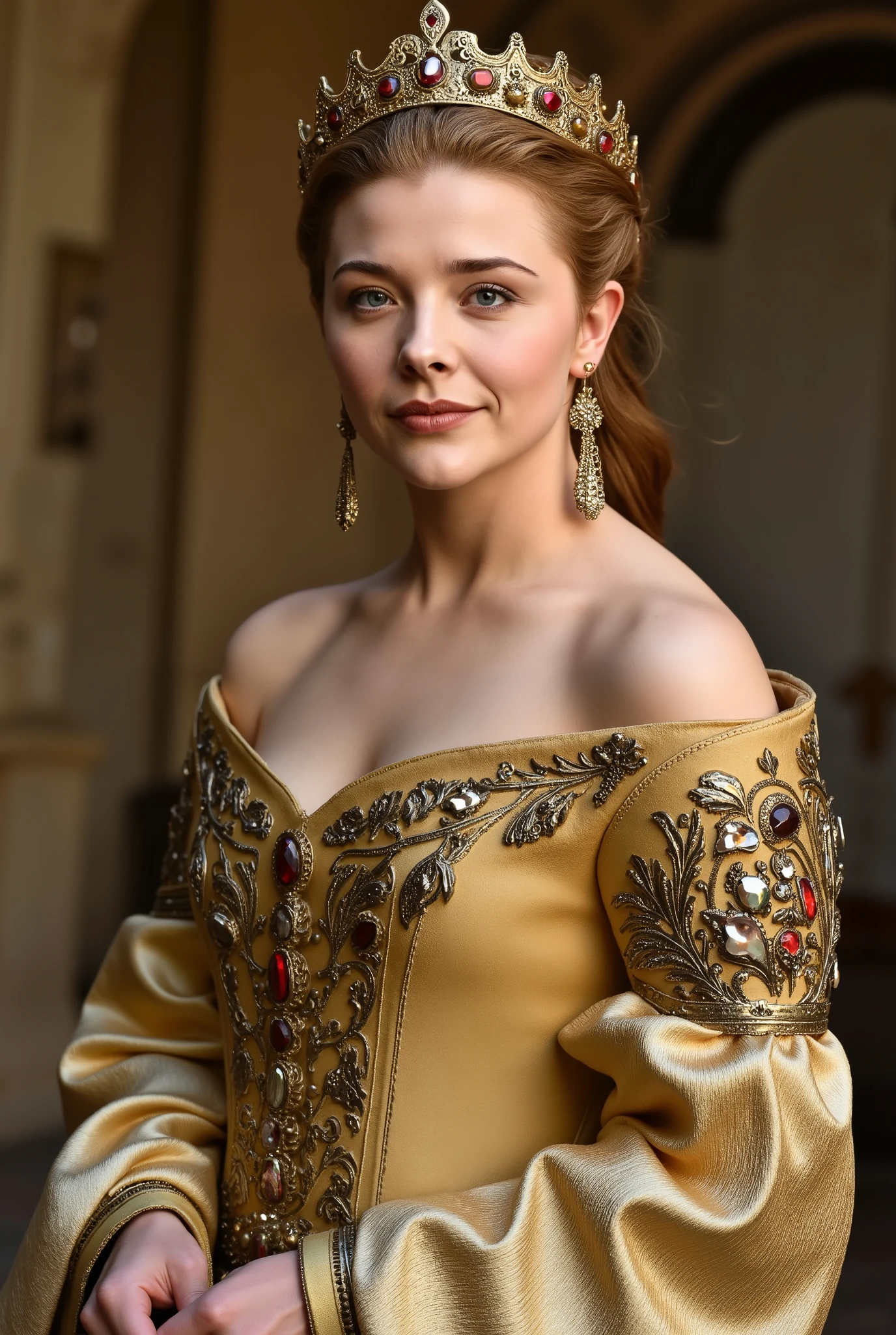 (RAW Photo, Best Quality), (Realistic, Photo Realistic: 1.3), Best Quality, Highly Detailed, Masterpiece, Hyperdetail, Realistic photo shot, realistic photo of a beautiful young queen , makeup, , brunette hair, lots of cleavage , (( 18th Century Vintage Medieval Evening Gowns Elegant Strapless Fairy Long Sleeve Pagan gold Maxi Dresses)), medieval, royal Court yard of a castle, , (((full body))),