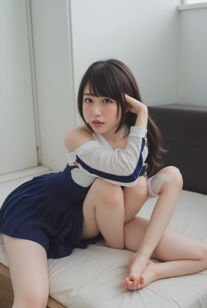 Bedで寝る、1 girl(RAW、Photoreal)、(Super high realism)(Ultra high detail)、 (17 year old girl、small face、Extremely beautiful face, natural makeup)(extremely beautiful skin、fair skin、Smooth skin、realistic texture)(sparkling eyes)bright smile(length to butt、ponytail、long hair in ass mano、ponytail)(Beautiful round breasts、beautiful cleavage、thin waist、constriction、big ass)(A tank top that makes your chest look bold、knee high boots、tartan check)((super tight mini skirt)) 、Bedroom、Bed、Bedで寝る、、Movie Writing、reflex board、face light、Erotic、captivating pose、Sensual and bold((((Putting your head on a pillow、Bedで寝る:1))))Very beautiful armpit(((((Directly above full body shot:1)))))(((legs bent、A pose that shows your ankles)))