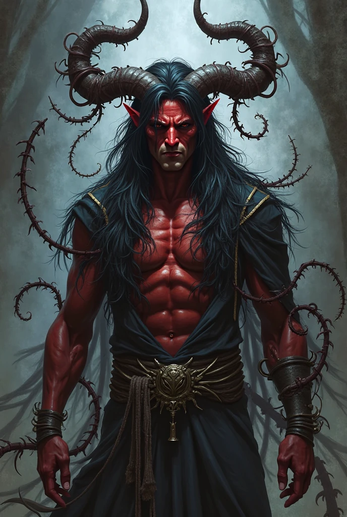 red skin male tiefling savage sitting down trying to read a childrens book, long black hair, black horns, hell background, red skin, dnd, colored