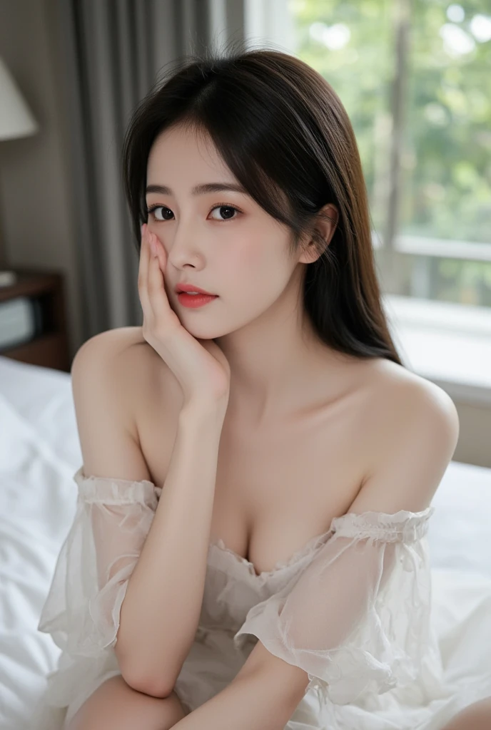 (high details:1.4)、(surrealism:1.4)、(soft lighting:1.05)、32,000、1 woman、realistic lighting、face lighting、ray tracing、(brightened light:1.2)、(improve quality:1.4)、(Realistic textured skin of the highest quality:1.4)、original photo, lifelike, full body woman love, bed, soggy, big bust, stylish hairstyle, pale skin, black eye, pink lips, (Beloved), (:1.1), ~Through, detailed background, detailed face, delicate eyes, good hair, Anatomically correct body, elastic skin, make up, masterpiece