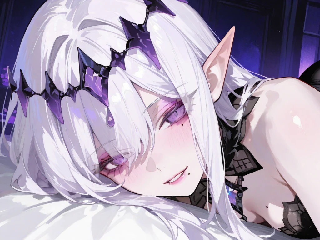 1girl, ((medium-small breasts)), (sleeping next to me), head on pillow, smile, light blush, (thin eyebrows:-1), ((forehead)), (curtained hair:1.6), ((straight hair)), (hair intakes:1), white hair, (very long hair), purple eyes, (pointy ears), ((vintage)), (sideways), first-person view, masterpiece,