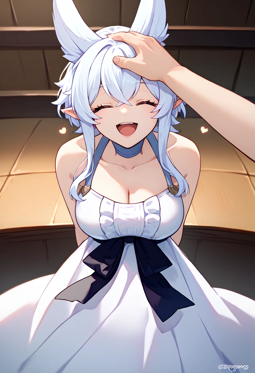 (masterpiece:1.2), hyper detail, best quality, (intricate_details:1.1), beautiful detailed, beautiful hair,Pupil details, solo, 1girl,,fenrys, wolf girl, longhair,big breasts, choker, collarbone, white dress, cleavage,grey hair,very long hair,blue eyes,wolf ears,pointy ears,choker,white dress,upper body,sweating,heavy breathing,steam,blush,greasy shoulder,from below,looking down,flipped hair,armpit,greasy armpit,from side, shoulder focus,blurry_background,sweating,greasy shoulder,from below,looking at viewer,flipped hair,armpit,greasy armpit,from side, shoulder focus,((armpit focus)),bare shoulder,upper body,five fingers,five fingers,((greasy armpit)),((smooth armpit)),((Pupil details)),((Stretch oneself)),((hand on chest)),((five fingers)),((Detailed armpit)),((elastic armpit)),((soft armpit))pov,owo