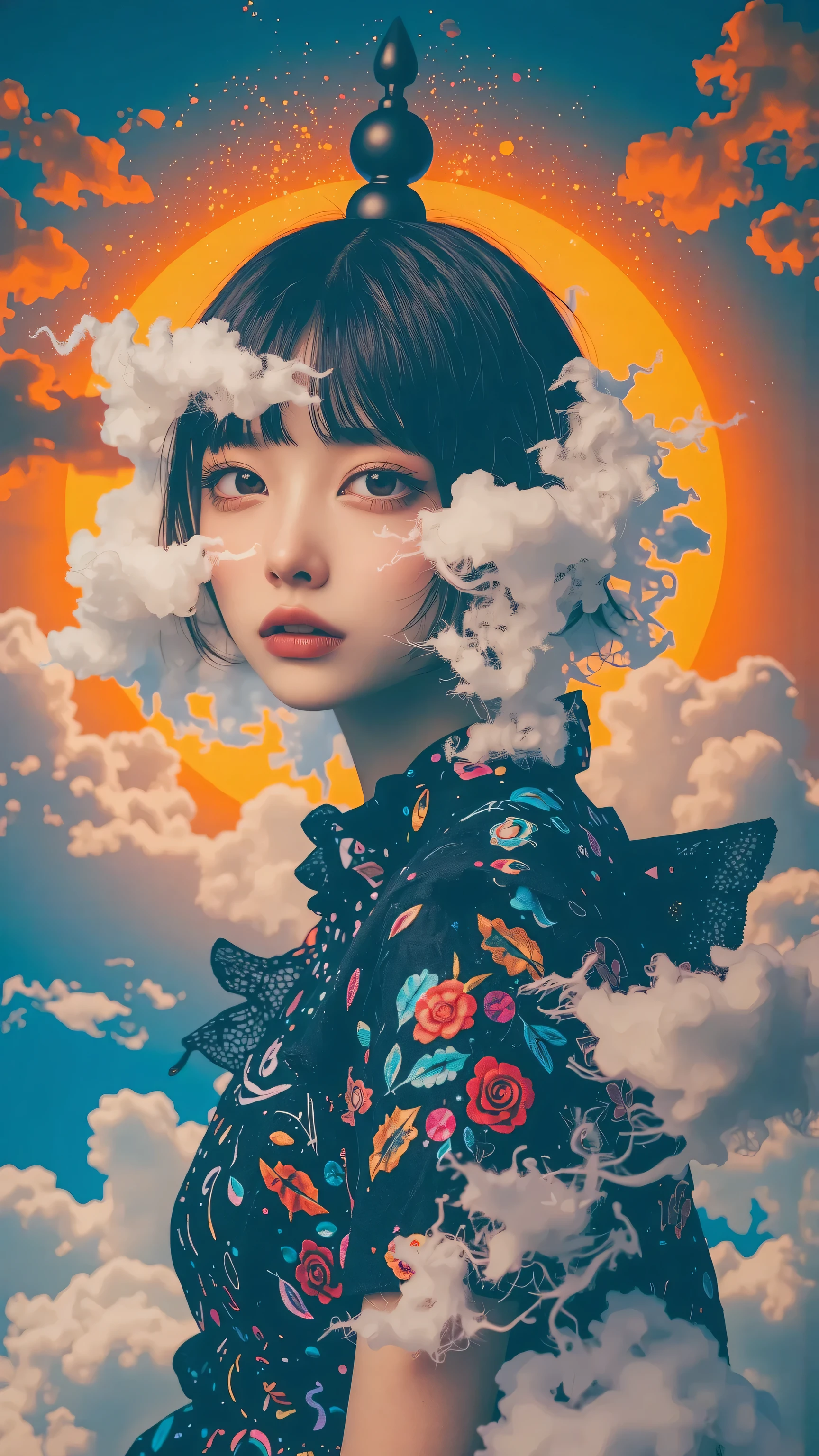 A hat with silver clouds and a holographic rainbow, An orange that captures the sun and a white encounter that embraces the dawn, A bold dream that unfolds under a clear sky.
