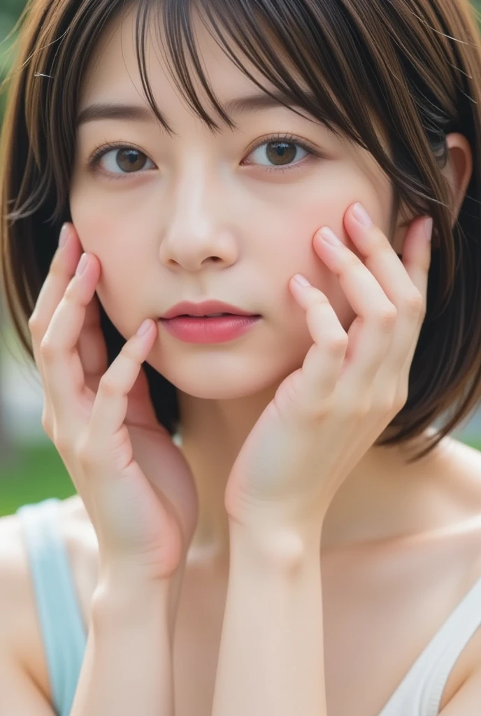 (((Ultra-high resolution、Close-up、Cute Japanese Woman)))、Long, straight black hair frames her face、So that every single hair is clearly visible、Depicts subtle color changes depending on the amount of light hitting the subject、The skin is white and smooth、Has a natural glow、Fine skin texture、Representing the fine details of pores、amountや頬に薄い赤みがある部分を詳細に、The eyes are almond-shaped and dark brown.、Fine details of the iris、Depicts color gradations and patterns、Long, natural-looking eyelashes, each and every one visible、Well-groomed eyebrows、indivual々The hair is clearly visible、Light reflects off into the eyes、Create small highlights、noseは繊細で、nose孔の細かいディテールがある、Lips are plump and naturally pink、Depicts the fine lines and soft curves of the lips、Shiny、Accentuate the shape、Detailed depiction of lip texture、Particular attention to the depiction of light and shadow、Soft natural light gently illuminates the face from the front、amount、nose、Creates a subtle glow on the cheeks、Shadows are cast softly along the contours of the face、cheekbone、Jaw Curve、noseの側面を強調、The gloss of her lips reflects the light faintly.、Emphasizes plump texture、The shadow of the hair adds depth and dimension.、indivual々The hair shines in the light、The background is simple and blurred.、Focus on the face、In the highest quality、Representing the utmost detail