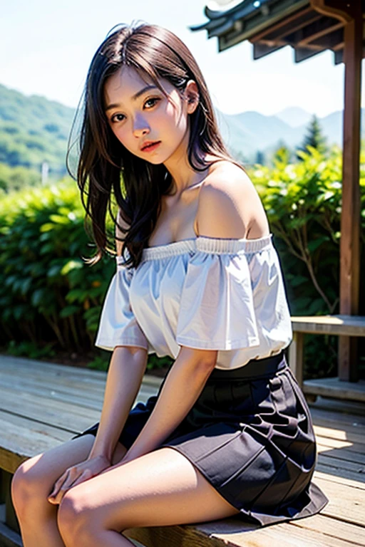 (realistic:1.3), finely detailed, quality, rembrandt lighting, (masterpiece:1.2), (photorealistic:1.2), (best quality), (detailed skin:1.3), (intricate details), dramatic, ray tracing, 1girl, japanese girl, 21 years old, detailed skin texture, (blush:0.5), (goosebumps:0.5), subsurface scattering, smiling, medium breasts, hmhinana, long hair, single side bun, jewelry, collarbone, off-shoulder shirt, white shirt, puffy short sleeves, belt, skirt, floral print, full body, (bright sunny day, outdoors, trees, bushes, flowers), <lora:ichikawa_hinana_v1:0.7>